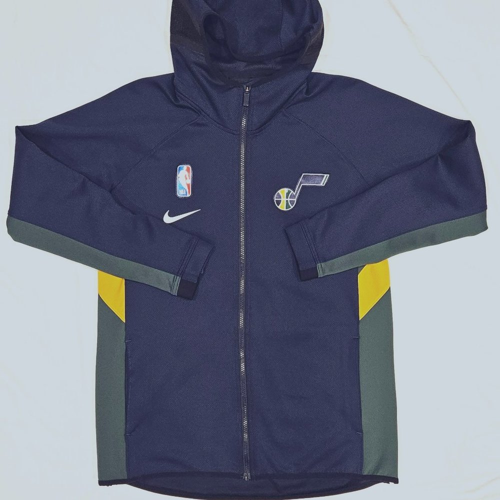 NIKE NBA UTAH JAZZ WARM UP JACKET THERMA FLEX NAVY LARGE L YELLOW GREEN EUC